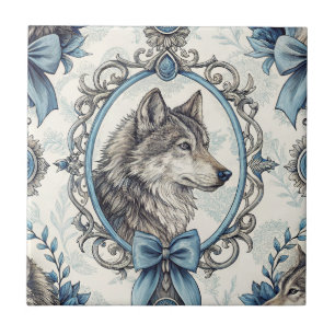 Winterwolf-Portrait in Verziertem Blau- und Graura Fliese