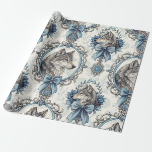 Winterwolf-Portrait in Verziertem Blau- und Graura Geschenkpapier