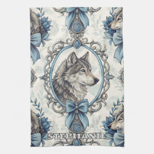 Winterwolf-Portrait in Verziertem Blau- und Graura Geschirrtuch