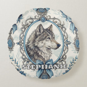 Winterwolf-Portrait in Verziertem Blau- und Graura Rundes Kissen