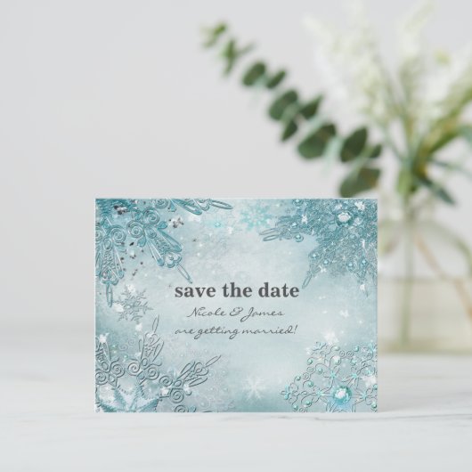 Winterwonderland Elegante Schneeflocken Save the D Ankündigungspostkarte (Stehend Vorderseite)