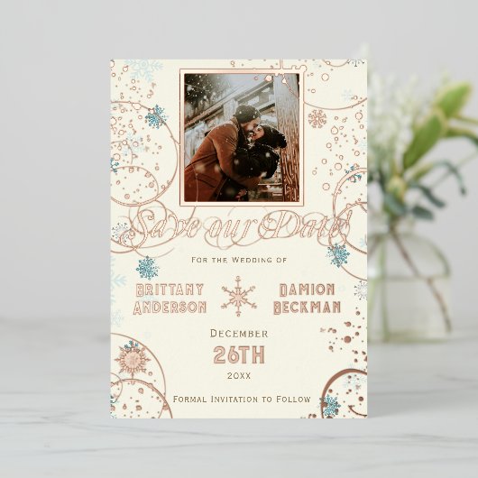 Winterwonderland Elfenbeinschnee Foto Save the Dat Folieneinladung (Stehend vorne)