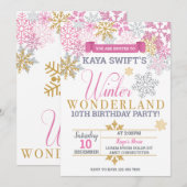 Winterwonderland Geburtstag Einladung Rosa & Gold (Vorne/Hinten)