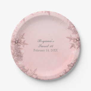 Winterwonderland Schneeflocken Rosa Elegantes Part Pappteller