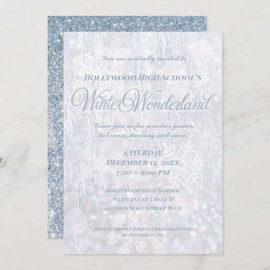 Winterwonderland Silberpfeiler-Party Einladung (Vorne/Hinten)