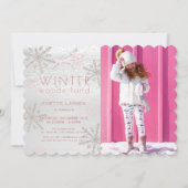Winterwonderland Snowflake Rosa Foto Geburtstag Einladung (Vorderseite)