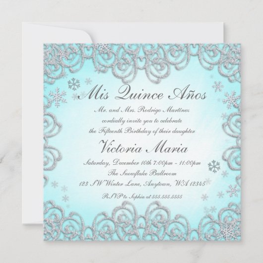 Winterwonderland Swirl Schneeflocken Quinceanera Einladung (Vorderseite)