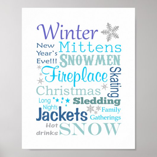 Winterwörter Typografie in Blau Poster (Vorne)