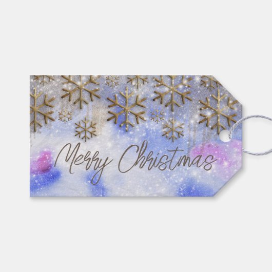 Winterwunder mit goldenen Glitterien Schneeflocken Geschenkanhänger (Vorderseite (Horizontal))