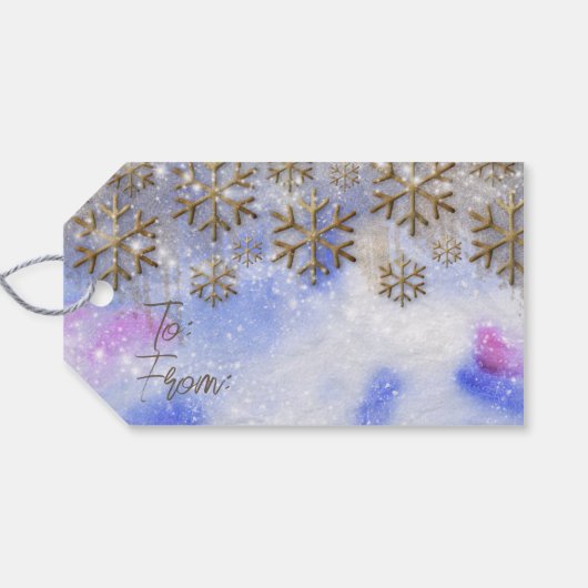 Winterwunder mit goldenen Glitterien Schneeflocken Geschenkanhänger (Rückseite Horizontal)