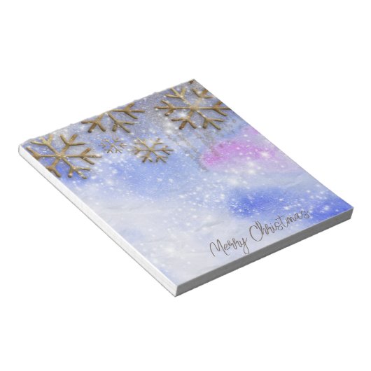 Winterwunder mit goldenen Glitterien Schneeflocken Notizblock (angewinkelt)