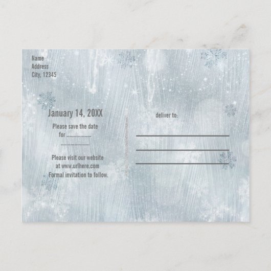Winterwunder Save the Date mit weißen Schneeflocke Ankündigungspostkarte (Rückseite)