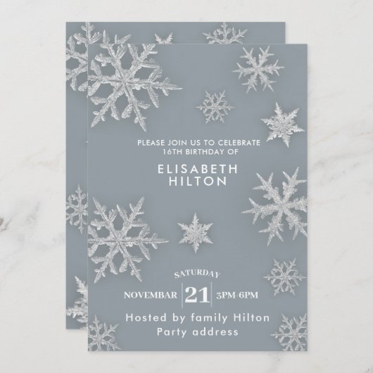 Winterwunder - Schneeflocken kleiden 16 . Geburtst Einladung (Vorne/Hinten)