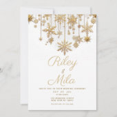 Winterwunder, weißes Goldschneeflocken Hochzeit Einladung (Vorderseite)