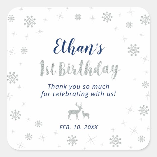 Winterwunderland, Custom Silver Navy, 1. Geburtsta Quadratischer Aufkleber (Vorderseite)