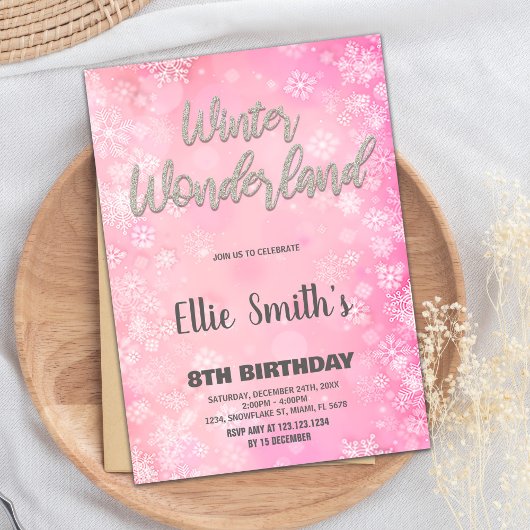 Winterwunderland Einladungen Rosa Silberner Glitze