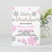 Winterwunderland Geburtstagseinladungen Rosa Weiß Einladung (Stehend Vorderseite)