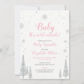 Winterwunderland, Girl Baby Sprinkle, rosa Silver Einladung (Vorderseite)