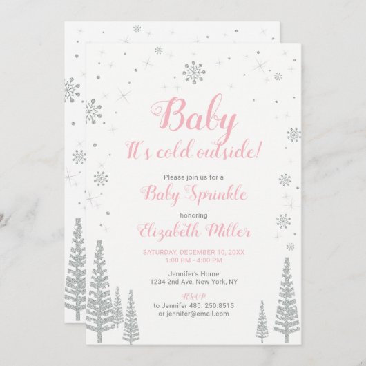 Winterwunderland, Girl Baby Sprinkle, rosa Silver Einladung (Vorne/Hinten)