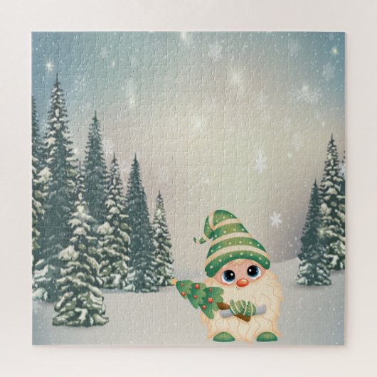 Winterwunderland, Gnome, Kiefernbaum, Wald, Schnee Puzzle (Vertikal)