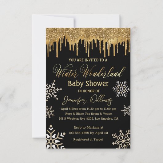 Winterwunderland Gold Schneeflocken Babydusche Einladung (Vorderseite)