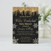Winterwunderland Gold Schneeflocken Babydusche Einladung (Stehend Vorderseite)