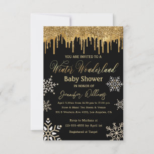 Winterwunderland Gold Schneeflocken Babydusche Einladung