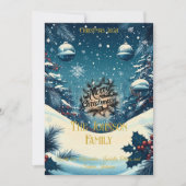 Winterwunderland mit Ornamenten und Familienbotsch Einladung (Vorderseite)