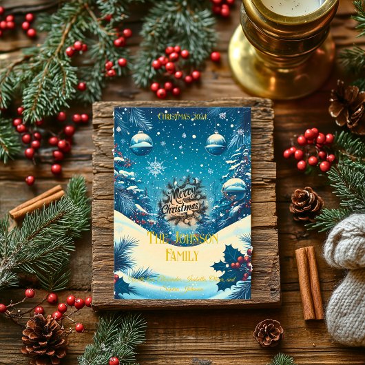 Winterwunderland mit Ornamenten und Familienbotsch Einladung