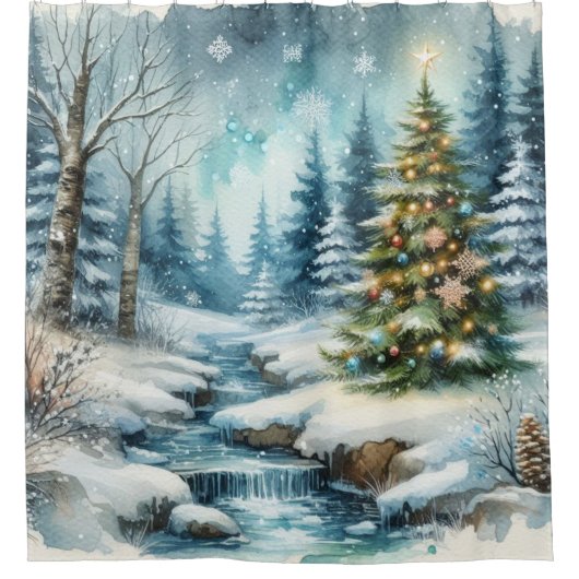 Winterwunderland mit Weihnachtsbaum Duschvorhang (Vorderseite)