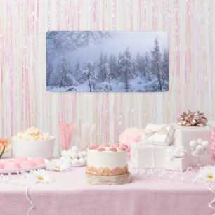 Winterwunderland, Nebel, Fichtenwald und Berge Banner