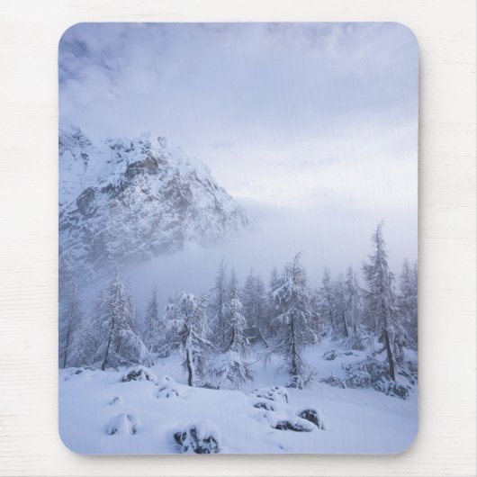 Winterwunderland, Nebel, Fichtenwald und Berge Mousepad (Vorne)