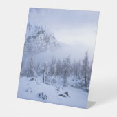 Winterwunderland, Nebel, Fichtenwald und Berge Sockelschild (Vorderseite)