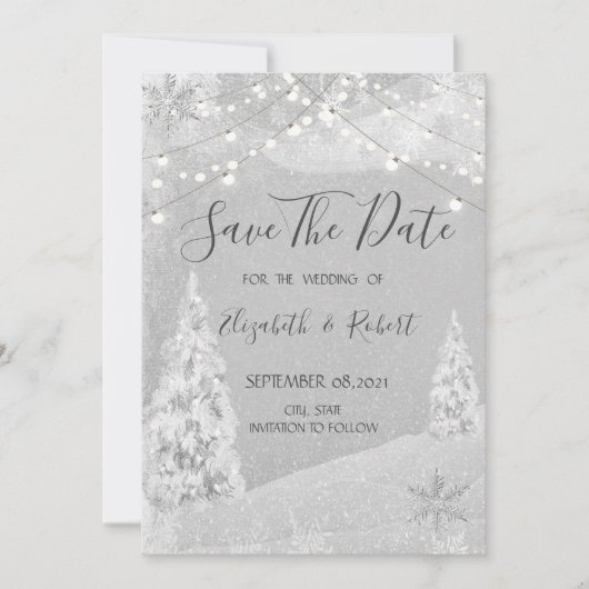 Winterwunderland, Pine Tree Save the Date grau (Vorderseite)