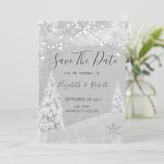 Winterwunderland, Pine Tree Save the Date grau (Stehend Vorderseite)