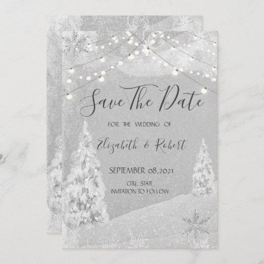 Winterwunderland, Pine Tree Save the Date grau (Vorne/Hinten)