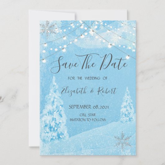 Winterwunderland, Pinienbäume Save the Date (Vorderseite)