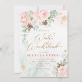 Winterwunderland Rosa Goldschneeflocken Geburtstag Einladung (Vorderseite)