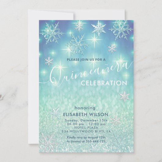 Winterwunderland Schneeflocken Glitzer Quinceañera Einladung (Vorderseite)