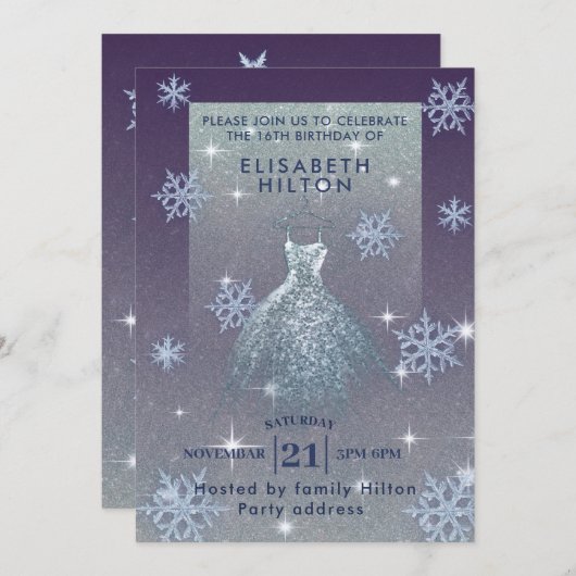 Winterwunderland Schneeflocken Kleid 16 . Geburtst Einladung (Vorne/Hinten)