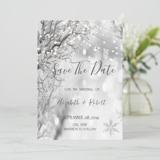 Winterwunderland, Schneeflocken Save the Date (Stehend Vorderseite)