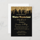 Winterwunderland Schwarzgolden Glitzer Babydusche Einladung (Vorne/Hinten)