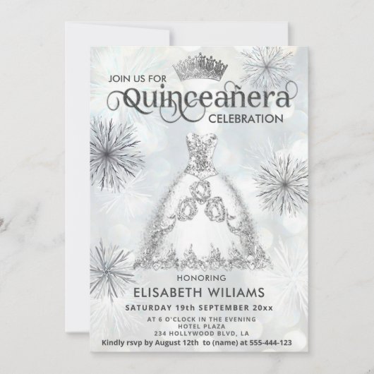 "Winterwunderland Snowflakes tiara Quinceañera Einladung (Vorderseite)