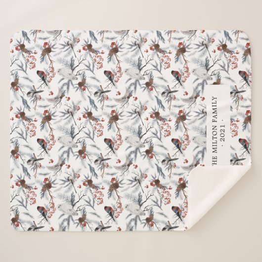 Winterwunderland-Vögel Monogramm Sherpa-Decke Sherpadecke (Vorderseite (Horizontal))