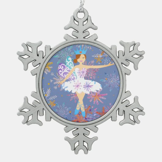 Wintery Blue Ballerina Schneeflocken Zinn-Ornament (Vorderseite)