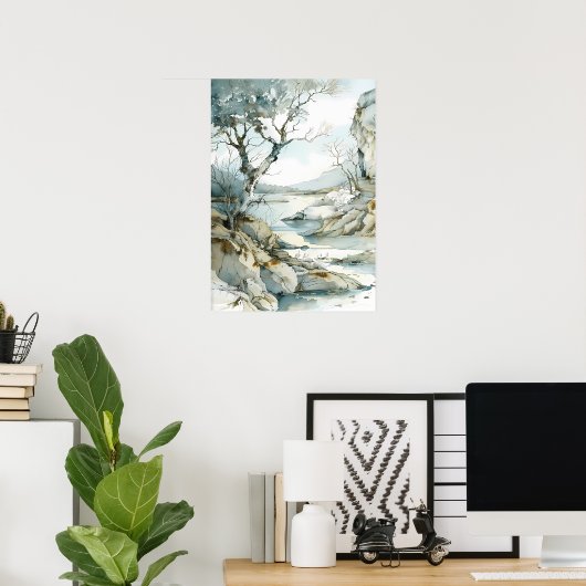 Wintery Cliffside Path mit seltsamen Bäumen Poster (Heimbüro)