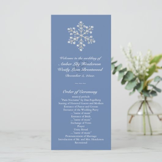 Wintery Crystal Snowflake Wedding Programm (Stehend Vorderseite)