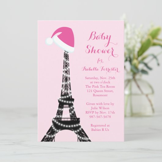 Wintery Eiffel Tower Baby Dusche Einladung - Rosa (Stehend Vorderseite)