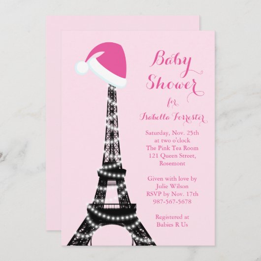 Wintery Eiffel Tower Baby Dusche Einladung - Rosa (Vorne/Hinten)