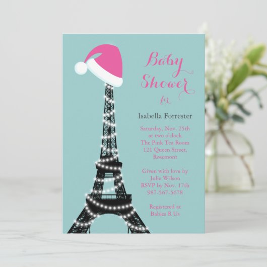 Wintery Eiffel Tower Baby Dusche Türkis einladen Einladung (Stehend Vorderseite)